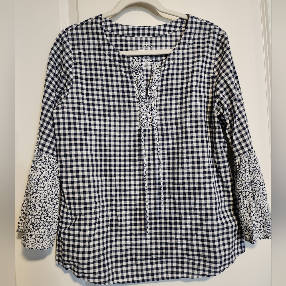 St. John's Bay Navy and White Gingham Tunic with Floral Sleeve Accents